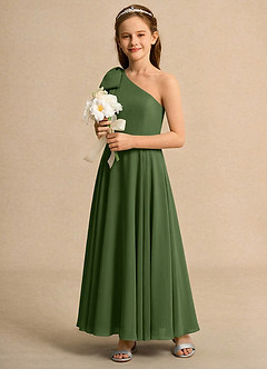 Azazie Guppy Girls Formal Flower Girl Dresses Olive A-Line One Shoulder Chiffon Dress image6