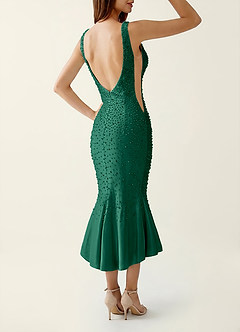 Delphine Vert Foncé Robe longue corsetée à col V en satin stretch ornée de perles image4