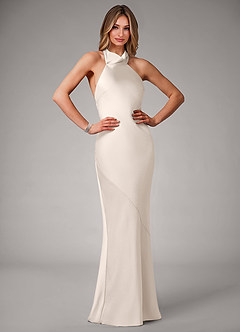 Azazie Velli Vestidos de damas de honor Vestido Alabastro Blanco de Satén Elástico de Corte Sirena con Cuello alto image1