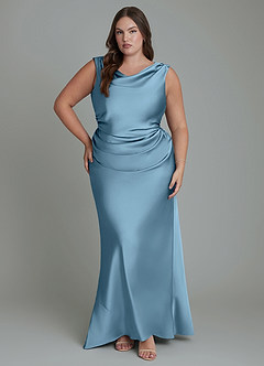Azazie Kieryn Bridesmaid Dresses Steel Blue Mermaid Pleated Stretch Satin Dress image7