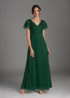 Azazie Singer vestidos de madre de la novia Vestido de Verde Oscuro de Gasa de Corte En A con Encaje Cuello V image1