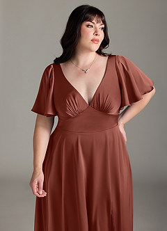 Azazie Kimber Bridesmaid Dresses Auburn A-Line Ruched Stretch Satin Dress image11