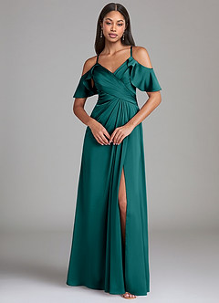 Azazie Dakota Bridesmaid Dresses Peacock A-Line Off the Shoulder Stretch Satin Dress image3