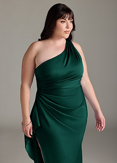 Azazie Latrice Bridesmaid Dresses Emerald Sheath One Shoulder Cascading Ruffles Stretch Satin Dress image11