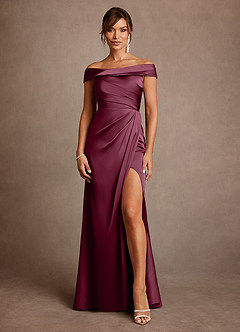 Azazie Bedford Mother of the Bride Dresses Mulberry Sheath Pleated Stretch Satin Dress image1