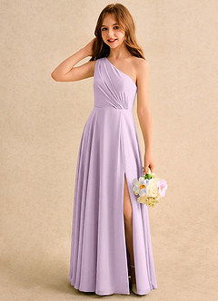 Azazie Puddles Junior Formal Flower Girl Dresses Frosted Lilac A-Line One Shoulder Chiffon Dress image3