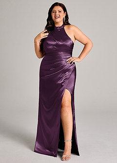 Azazie Jemma Bridesmaid Dresses Plum Sheath Pleated Metallic Satin Dress image10