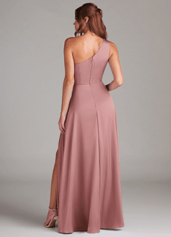 Azazie Brooke Vestidos de damas de honor Vestido de Rosa Polvorienta de Satén Elástico de Corte en A con Hombro unilateral image7