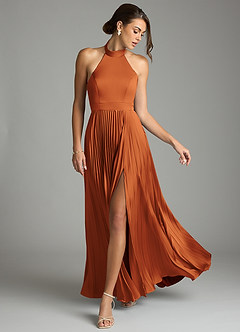 Azazie Zienna 신부 들러리 드레스 A라인 주름진 스트레치 새틴 바닥 길이 드레스 image3