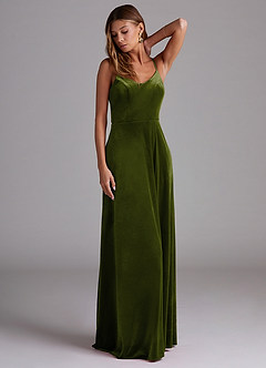 Azazie Moira Bridesmaid Dresses Olive A-Line with Pockets Velvet Dress image3