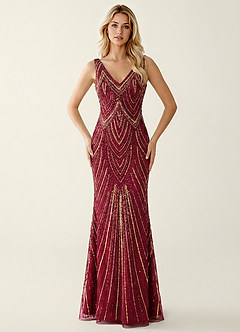 Hazelen Burgundy Sequin Embroidery Beading Tulle Off-the-Shoulder Prom Dress image3