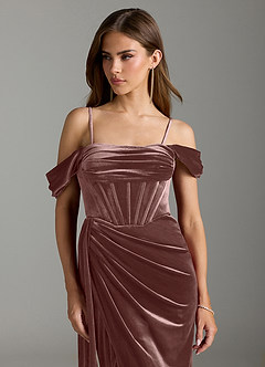 Azazie Amyra Bridesmaid Dresses Espresso Sheath Off the Shoulder Velvet Convertible Dress image3