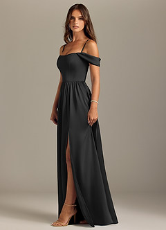 Azazie Calianna Bridesmaid Dresses Black A-Line Off the Shoulder Stretch Satin Convertible Dress image6