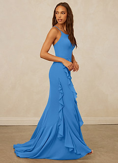 Christian Siriano Bridal for Azazie 1006 Probar vestidos en casa Vestido de Azul Grisaceo de Gasa de Corte Sirena con Volante image5