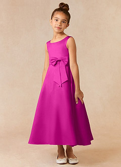 Azazie Lindy Flower Girl Dresses Fuchsia A-Line Pleated Matte Satin Dress image3