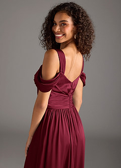 Azazie Lianne Bridesmaid Dresses Burgundy A-Line Off the Shoulder Stretch Satin Dress image3