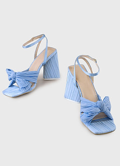 front Blue Pleated Chiffon Bow Mid-Heel Sandals