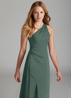 Azazie Maron Junior Sea Moss A-Line Pleated Stretch Satin Dress image3