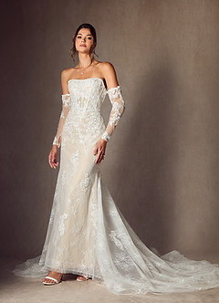 Azazie Caitlin Wedding Dresses Diamond White Champagne Mermaid Strapless Lace Dress image6