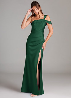 Azazie Wynter Robes de demoiselle d'honneur Robe Fourreau en Satin extensible Épaule décolletée Vert Foncé image3