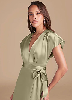 Azazie Nico Brautjungfernkleider A-Linie Plissee Metallischer Satin Kleid Moosgrün image2