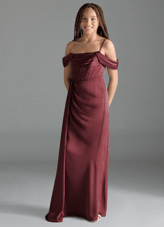 Azazie Amyra Junior Merlot Sheath Off the Shoulder Stretch Satin Dress image4