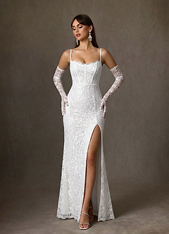 Azazie Jyotsna At-home Try On Dresses Diamond White A-Line Lace Dress image3