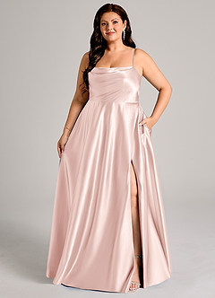 Azazie Elle Bridesmaid Dresses Blushing Pink A-Line with Pockets Metallic Satin Dress image7