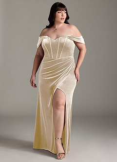 Azazie Jas Bridesmaid Dresses Champagne Sheath Off-The-Shoulder Corset Velvet Convertible Dress image9