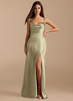 Azazie Erma Bridesmaid Dresses Moss Green A-Line Side Slit Metallic Satin Dress image1