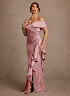 Azazie Kirsty Mother of the Bride Dresses Dusty Rose Sheath Off the Shoulder Stretch Satin Dress image3