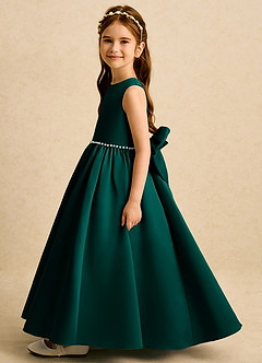 Azazie Daisies Robe Demoiselle D'honneur Fillette Robe Princesse en Mat Satiné Arc Vert Pin image4