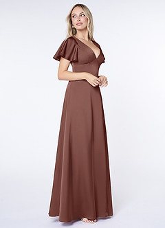 Azazie Lani Bridesmaid Dresses Espresso A-Line Flounce Sleeve Stretch Satin Dress image8