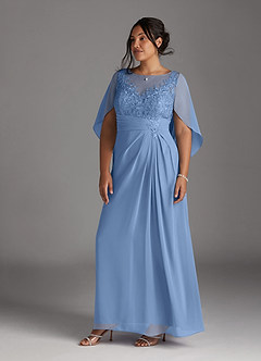 Azazie Hera At-home Try On Dresses Steel Blue A-Line Lace Capelet Chiffon Dress image9