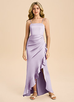 Azazie Buzzy Junior Vestido de Lila Esmerilada de Satén Elástico de Corte Recto con Plisado image3