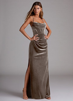 Azazie Mai Bridesmaid Dresses Silver Taupe Sheath Sweetheart Neckline Velvet Dress image3