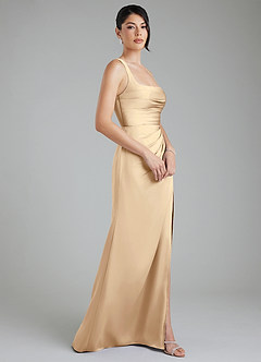 Azazie Sierra Bridesmaid Dresses Champagne A-Line Corset Stretch Satin Dress image3