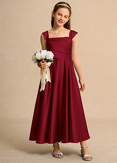 Azazie Bundle Girls Formal Flower Girl Dresses Burgundy A-Line Pleated Matte Satin Dress image3