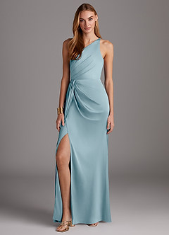 Azazie Mika Bridesmaid Dresses Moody Blue Sheath One Shoulder Stretch Satin Dress image3