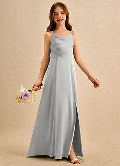 Azazie Chamomile Girls Formal Robe Demoiselle D'honneur Fillette Robe Trapèze en Satin extensible Plissée Argent image2