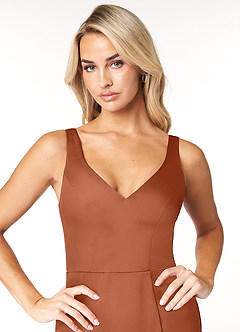 Azazie Jess Final Sale Cedar Rose Sheath V-Neck Stretch Satin Dress image6