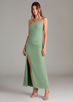 Azazie Eren 신부 들러리 드레스 인어 한쪽 어깨 쉬폰 발목 길이 드레스 image1