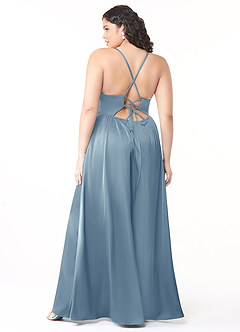 Azazie Raya Bridesmaid Dresses Dusty Blue A-Line V-Neck Pleated Stretch Satin Dress image8