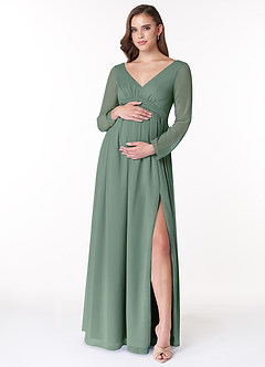 Azazie Teton1 vestidos de dama de honor de maternidad Vestido de Acampanado Manga larga Largo hasta el piso Stretch Satin image1