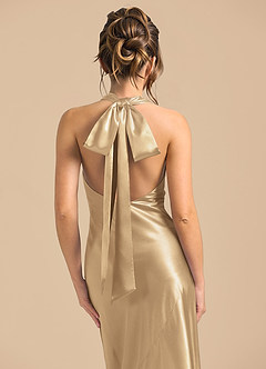 Azazie Velli 신부 들러리 드레스 쉬스 하이넥 메탈릭 새틴 바닥 길이 드레스 image6