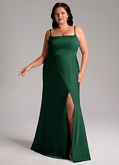 Azazie Lidia Bridesmaid Dresses Dark Green Mermaid Side Slit Stretch Satin Dress image3