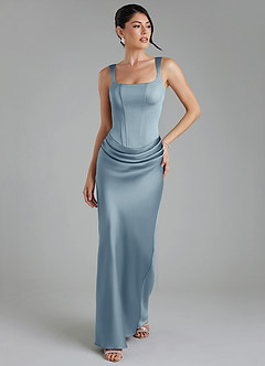 Azazie Etta Robes à essayer chez vous Robe Sirène en Satin extensible Corset Bleu Poussiéreux image5