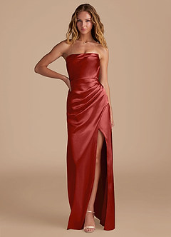 Azazie Leonis Bridesmaid Dresses Rust Mermaid Pleated Metallic Satin Convertible Dress image1