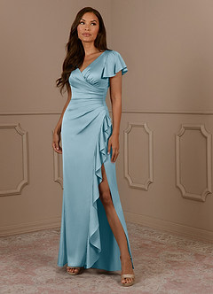 Azazie Roya Mother of the Bride Dresses Moody Blue Mermaid V-Neck Pleated Stretch Satin Dress image1