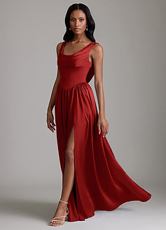 Azazie Novi Bridesmaid Dresses Pomegranate A-Line with Pockets Stretch Satin Dress image6